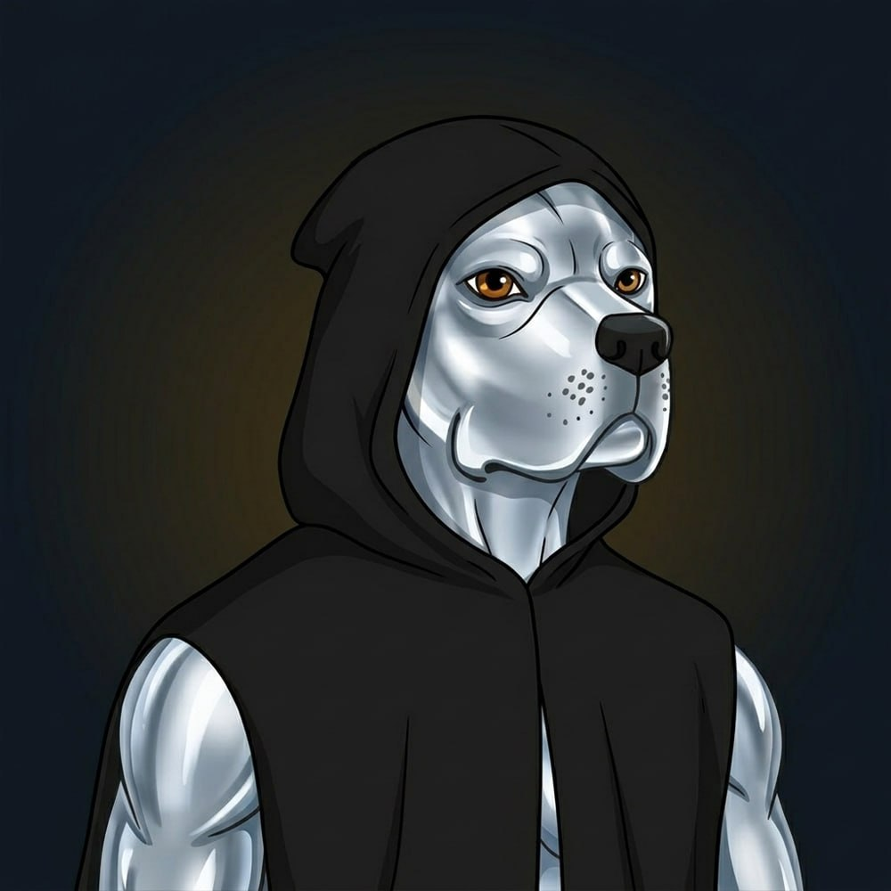 Silver Hound in a black hood against a dark background